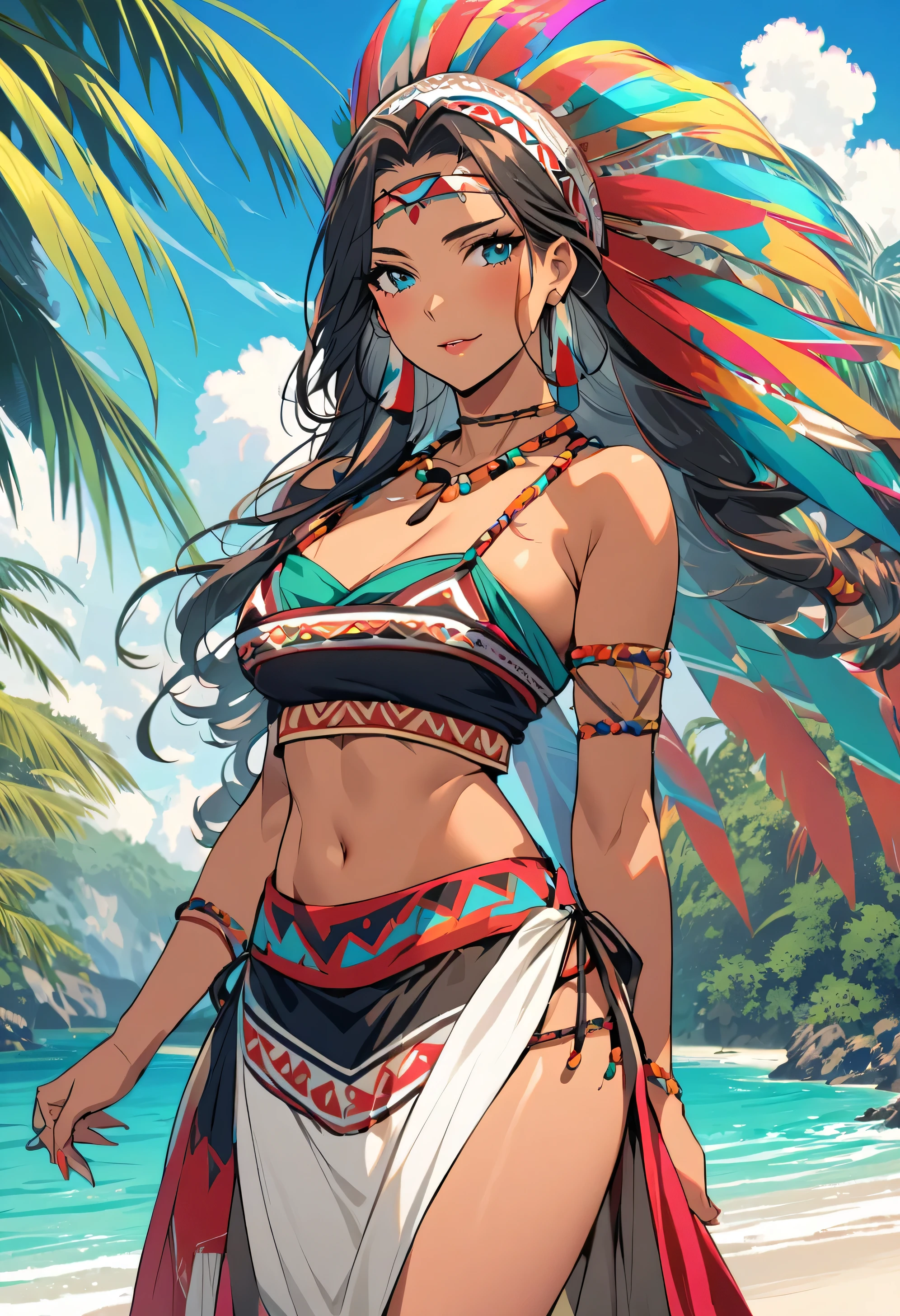 a beautiful woman, Indigenous, sexly, dressed in traditional indigenous cultural attire, swirly vibrant colors, tropical scenery near the beach,