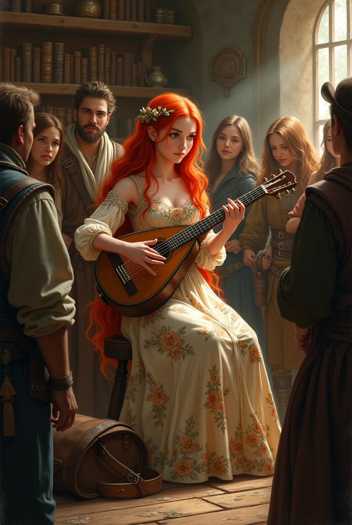 20 year old redhead fairy, eyes browns,wearing a floral medieval dress, with adventurer's bag, in a tavern while playing lute, adventurers around