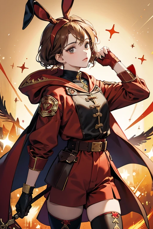 Amber brown hair,  wears a jumper-like outfit composed of dark red shorts, a red and black top that has only a hood and sleves, a white and brown top with the Knights of Favonius crest in gold on the front, red stockings, and white thigh-high boots embellished with gold linings and symbols.

Amber's accessories include a leather belt with two small bags, and her Pyro Vision attached, gloves, a small belt on her right thigh, and gold-framed goggles. Her most distinguishing feature is the headband with the large red bow that rests on her head, resembling the shape of bunny ears. Additionally, her Vision has two red feathers attached below it. SPARKLE; GLITTER