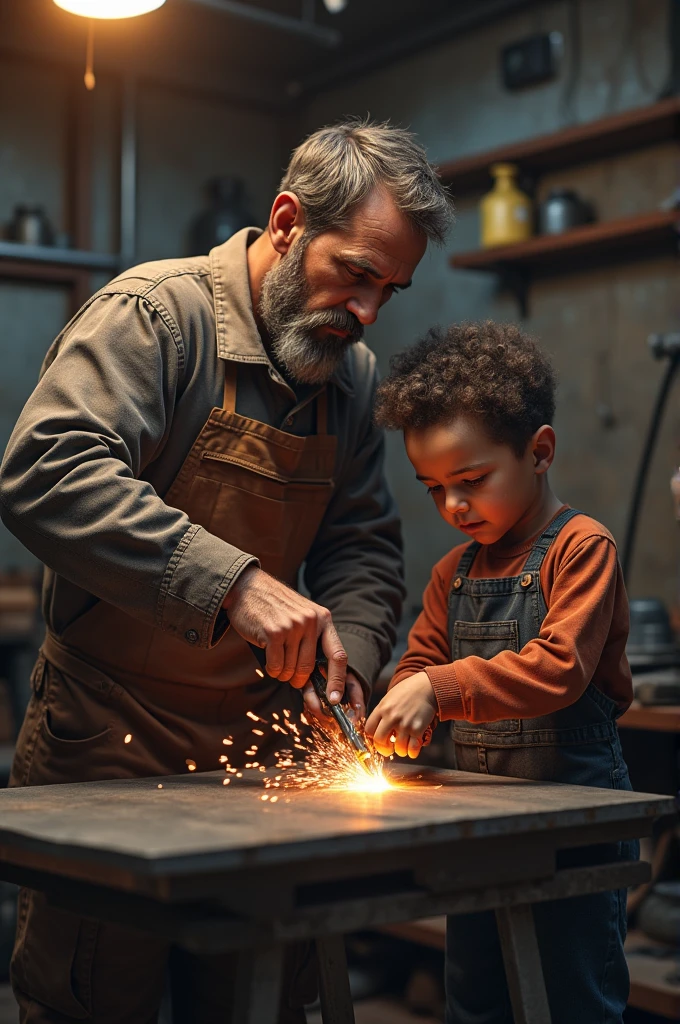 Make a photo of a welder training his son to learn tig welding