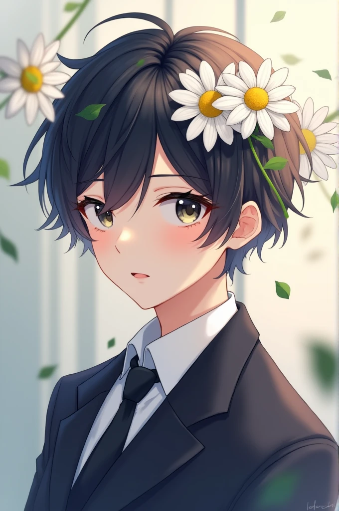 Anime boy, wear a suit, have daisies in hair