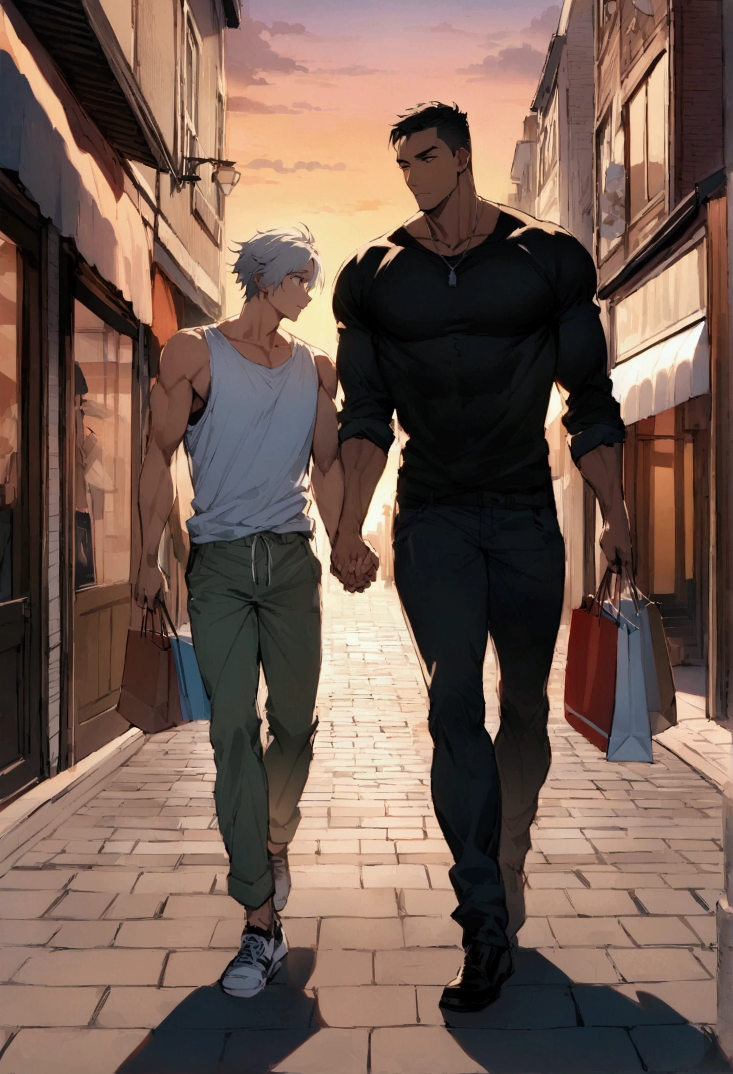 Highest quality、masterpiece、(Two men:1.5)、On the left is a muscular man with black hair wearing a tank top、On the right is a clothed, muscular young man with grey hair、Adjacent in the center of the screen、Holding hands、I'm shopping、Shopping Street、sunset、Gay