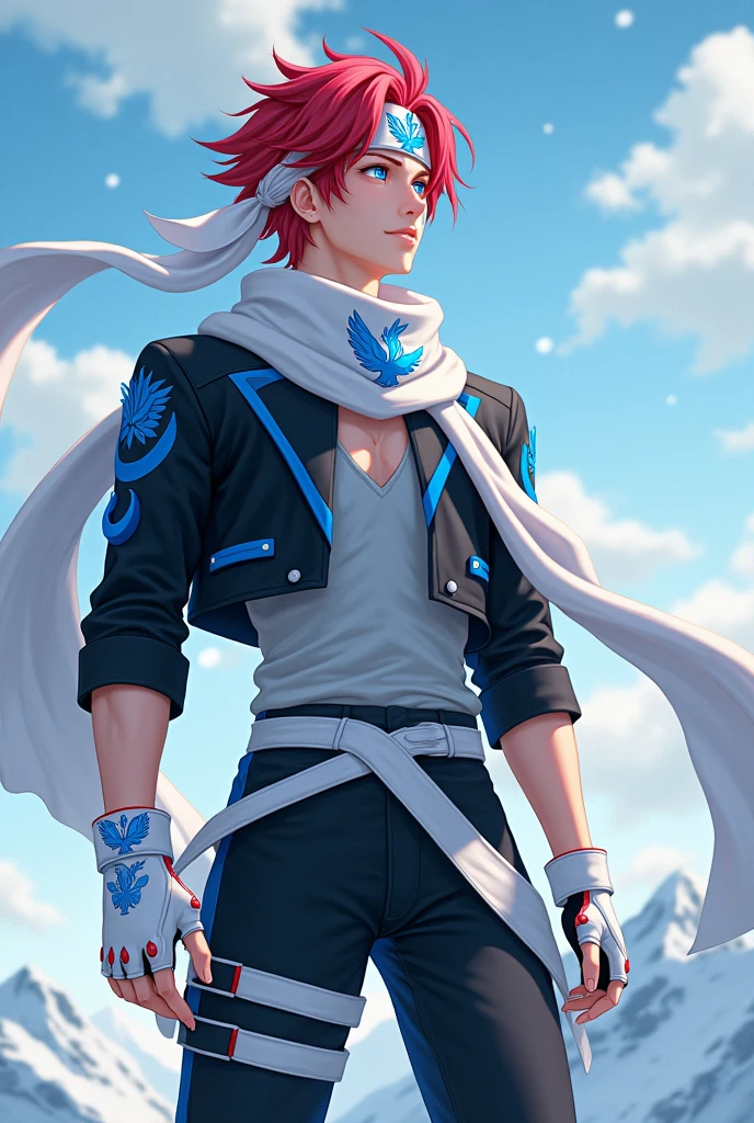 apenas 1 homem, very handsome man, red hair with a hairstyle similar to that of the character Sasuke, but wearing a white bandana, with the symbol of a blue phoenix, very blue eyes, like heaven, muito claro, Asian, wears a nice short black jacket with cyan blue details, gray blouse, with a long white scarf tied around his neck, that crawls to the ground, black pants and white military boots, with red details, além de luvas brancas with red details sem dedos de material como couro, and a belt under the shirt. Make him look at the sky and the snow.
