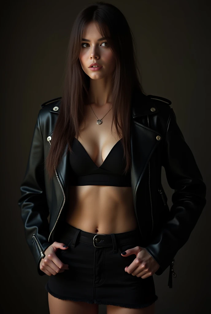 cute white skinned girl. beautiful grunge queen with long straight brown hair on sensual or sugestive pose on black plastic jacket on sexy pose with black leather jacket and mini skirt posing for a picture with her hands on her hips and her back turned, Eve Ryder, american barbizon school, black, a digital rendering