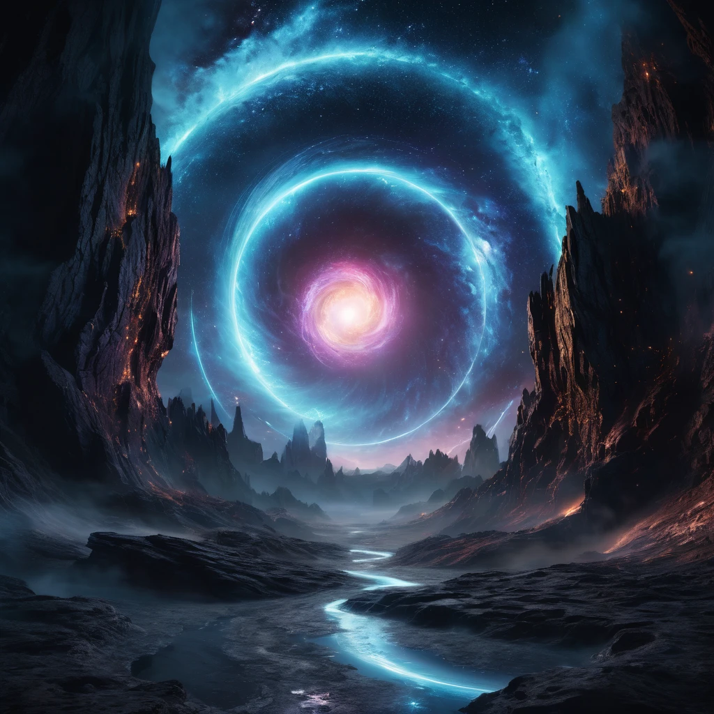 detailed dark fantasy landscape, dark energy, ominous atmosphere, dramatic lighting, glowing cosmic elements, swirling nebulae, ethereal energy, mysterious portal, surreal environment, moody lighting, highly detailed, photorealistic, 8k, cinematic, masterpiece