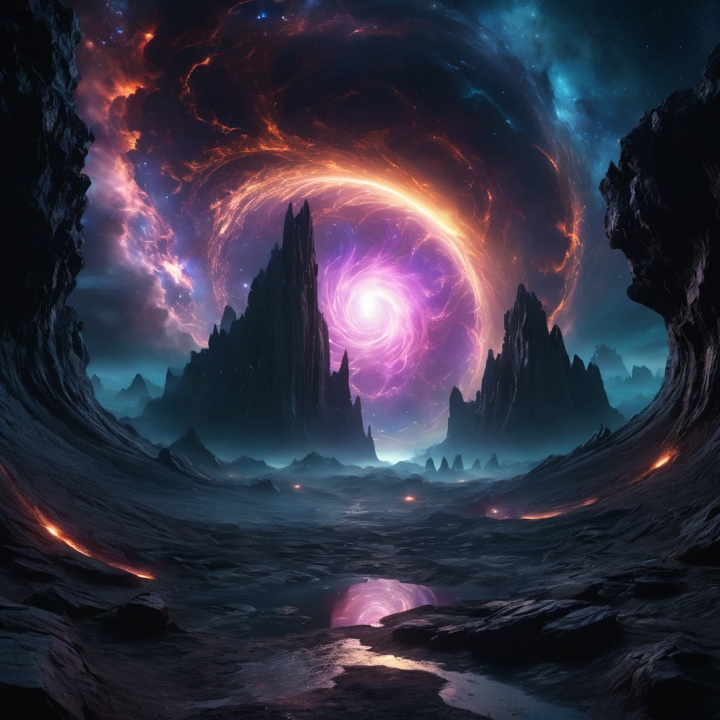 detailed dark fantasy landscape, dark energy, ominous atmosphere, dramatic lighting, glowing cosmic elements, swirling nebulae, ethereal energy, mysterious portal, surreal environment, moody lighting, highly detailed, photorealistic, 8k, cinematic, masterpiece