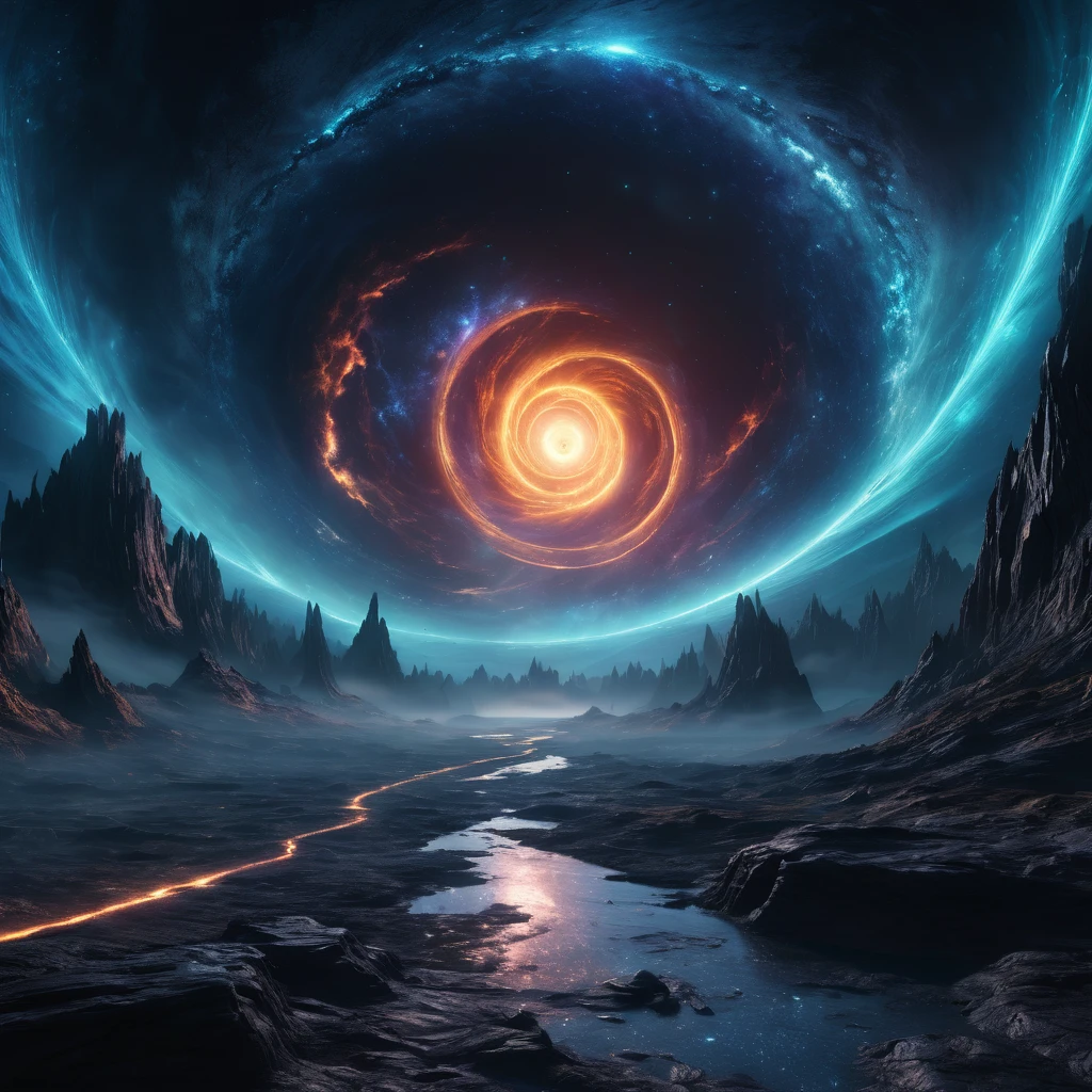 detailed dark fantasy landscape, dark energy, ominous atmosphere, dramatic lighting, glowing cosmic elements, swirling nebulae, ethereal energy, mysterious portal, surreal environment, moody lighting, highly detailed, photorealistic, 8k, cinematic, masterpiece