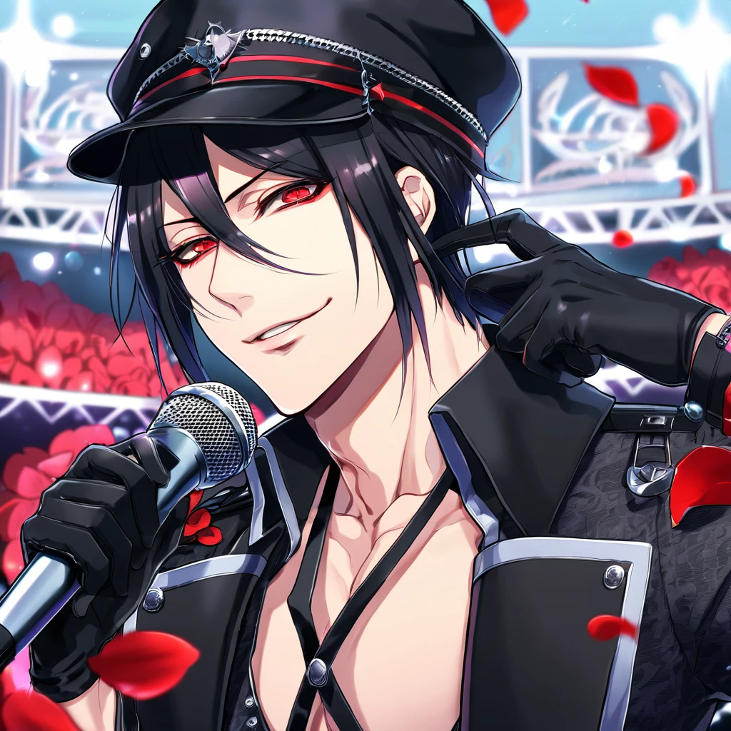 Ultra detailed, Highres, absurdres, HDR, master piece, Sebastian Michaelis, black hair, expressive red eyes, Kuroshitsuji, sexy man holding a microphone, solo, rocker, black rocker clothes with trimmings, red petals, glittering, black gloves, red flowers, sensual, fantasy, idol stage, concert, toned chest, manly man, handsome smile, visual kei, close up, black cap, Black Butler,