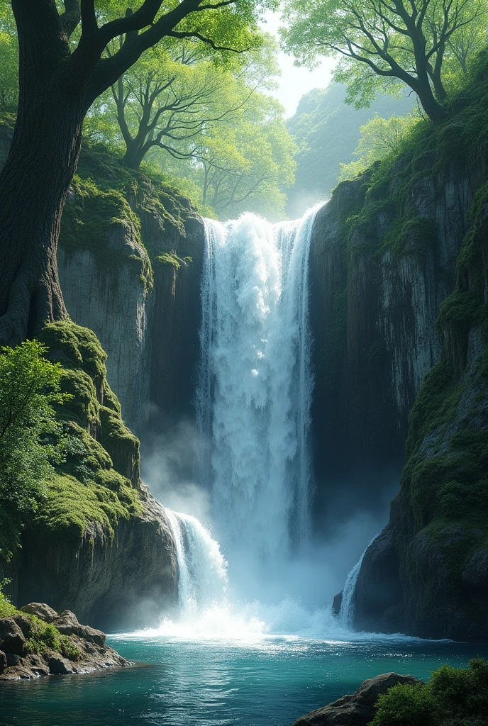 high quality, 8K Ultra HD, real waterfall with trees and stone 🪨