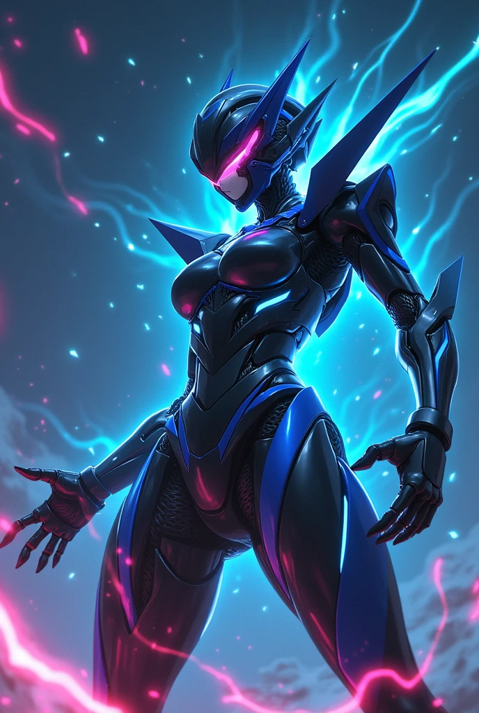 black-blue, Fluorescent Cyan, anime, Giant Robot, fluid, Junmin, A full-body image of a simple female super robot, Fighting with the enemy, Simple Background,universe,