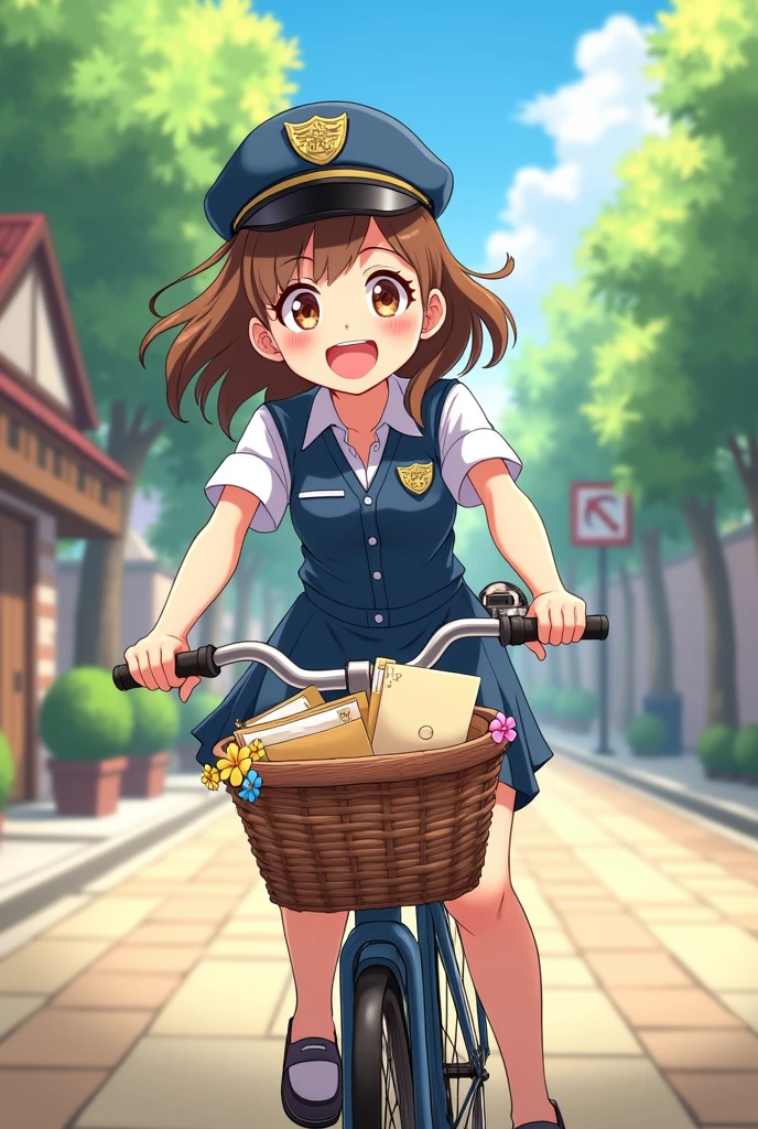 a cute girl with an extremely cheerful anime style riding a bicycle with a basket full of letters and wearing a postman&#39;s outfit