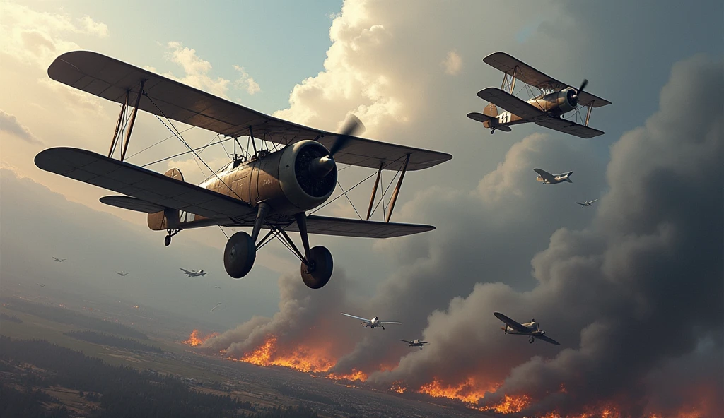 1500; (masterpiece, best quality) destroyed sky; battle in the air; war planes of 1917; Airco DH.9A. vs. Albatros D.II.