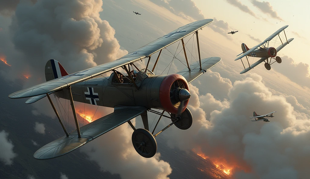 1500; (masterpiece, best quality) destroyed sky; battle in the air; war planes of 1917; Airco DH.9A. vs. Albatros D.II.
