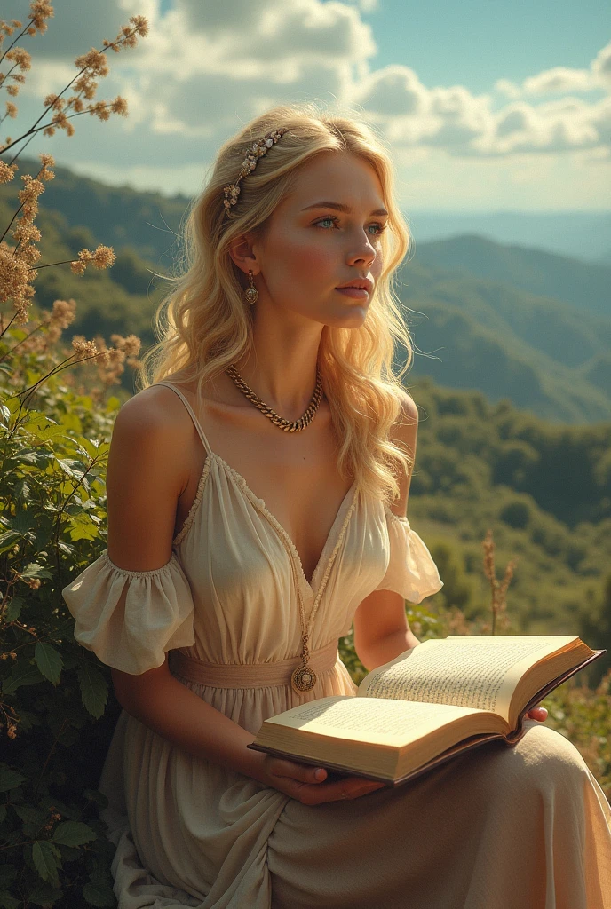 Woman listening to Elvis Presley music beautiful blonde blue eyes and watching a book and with a beautiful landscape 4k