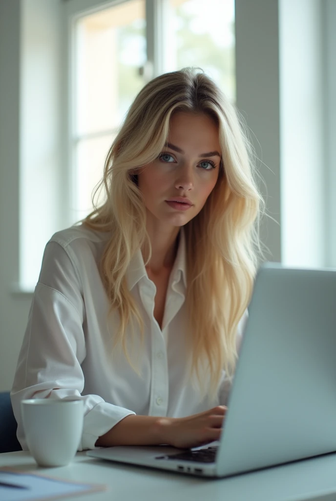 Beautiful hacker girl without sexualization. Has blonde hair, pale skin, doesn't wear glasses. Sits in front of opened laptop