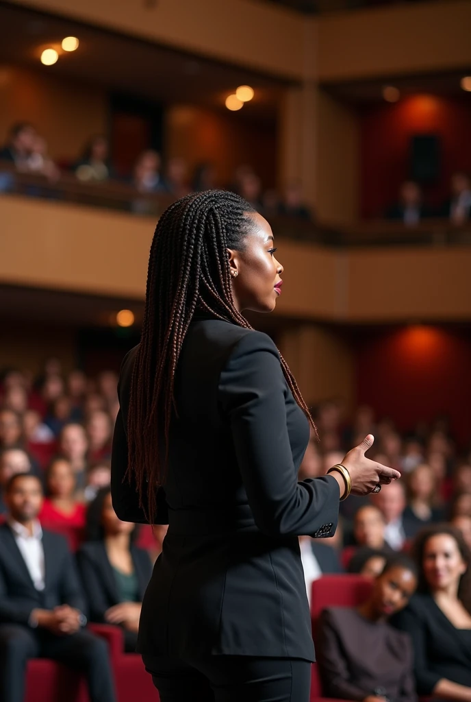 create a real photo of a black woman with braids speaking to an auditorium of women