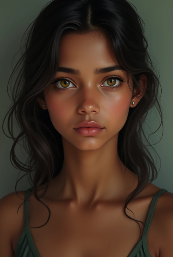 realistic girl from india, smooth fur, Dark brown skin with light yellow eyes and a serious expression