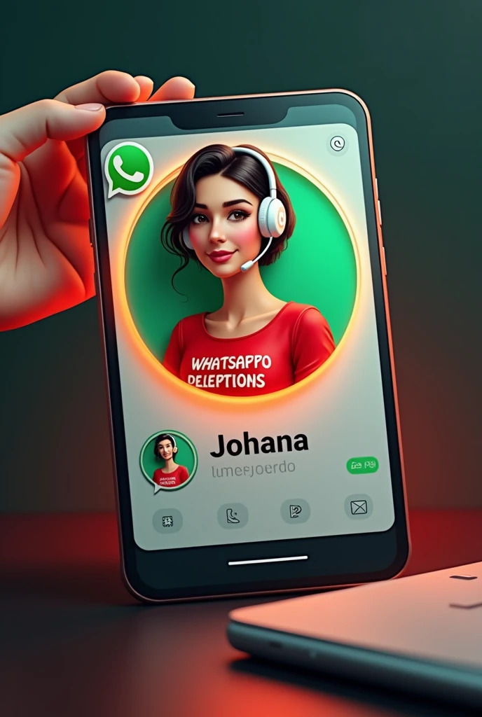Create a glass id card of a WhatsApp profile on a black desk showing the large WhatsApp logo, create a 3D illustration of a latina woman with short hair, You must wear a red blouse with the phrase printed on it in Portuguese " Quick and easy and a white headset. The photo of the girl in a circle with the name of the WhatsApp social network user Johana in black below the profile photo and 99 written messages, WhatsApp card glows red and yellow on the edge. In one corner is the one held with two fingers.