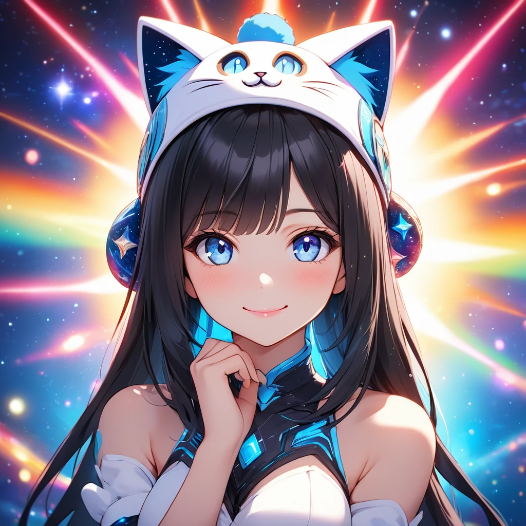 Beautiful girl, black long hair, blue eyes, rusian girl, smile,facing the camera,perfect anatomy, detailed image, HD,4k,8k Perfect ilumimation  multicolor hat, sexy, beautiful face, shy pose, kitty hat multicolor,cosmic 