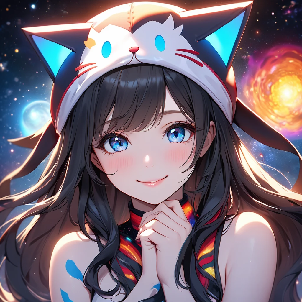 Beautiful girl, black long hair, blue eyes, rusian girl, smile,facing the camera,perfect anatomy, detailed image, HD,4k,8k Perfect ilumimation multicolor hat, sexy, beautiful face, shy pose, kitty hat multicolor,cosmic