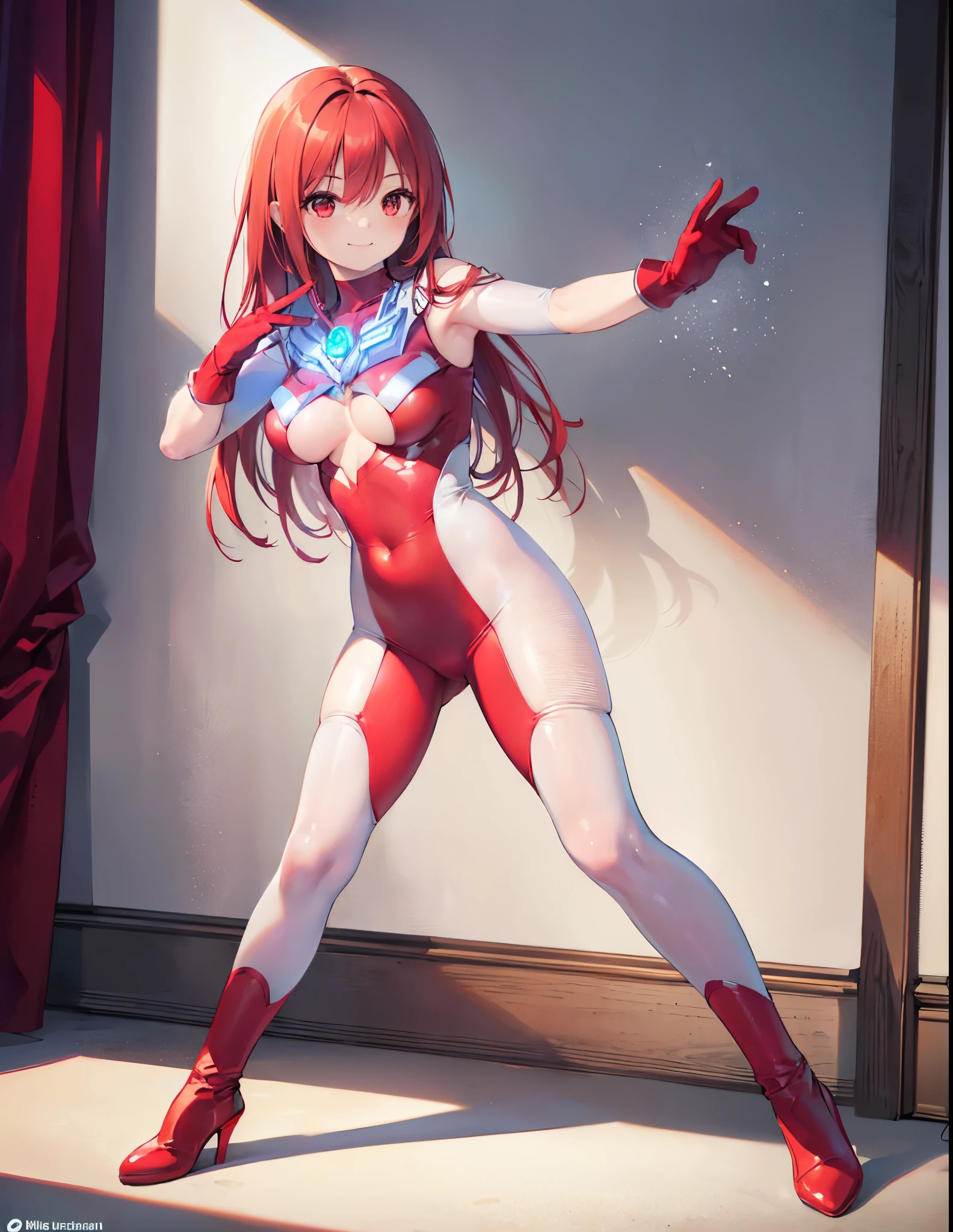(Close-up:1.3),Realistic,Highest quality, Ultra Detail, High-quality CG rendering, The most delicate and beautiful, Floating softly, High resolution, (1 female), (Highest quality,4K,8k,masterpiece:1.2),(All red hair:1.5), (Medium Long Hair:1.5),(Red eyes:1.5), (Ultra Girl:1.0), (All red Ultraman bodysuit:1.5),(Do not expose your skin:1.5),(Slightly larger breasts:1.5),(Red gloves:1.4),(Red Shoes:1.4),(whole body:1.3),(smile:1.3),In a small room,(Are standing:1.4),(Fighting Pose:1.3)