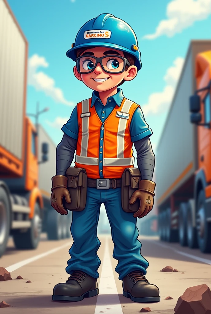 Cartoon of a transport driver wearing personal protective equipment with black boots, blue helmet, Orange vest with reflective tapes, Long sleeve polo with reflective tape and lead, Blue pants, Goggles and leather gloves. The logo must be on the helmet "TRANSPORTES BARCINO SAC"