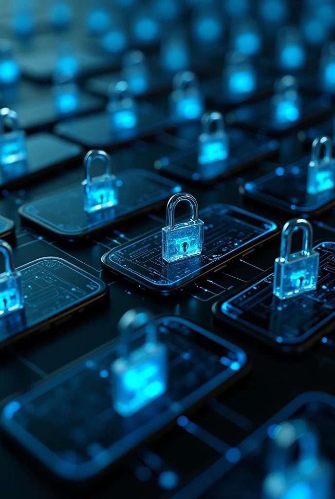 Hundreds of cell phones with glass padlocks with blue lines on a futuristic black background top