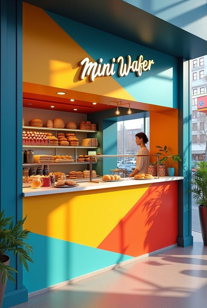 A modern two-square-meter mini-wafer shop, with bright colors 