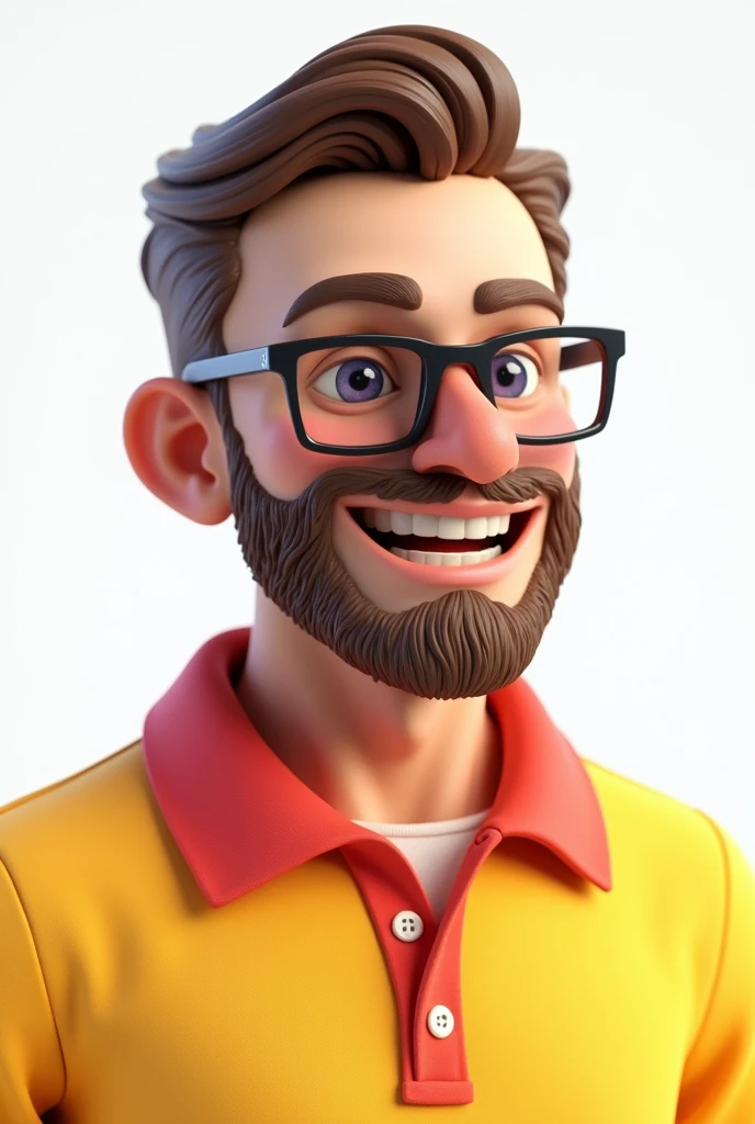 3d image portrait with white background 40 year old man white color, Brown hair, brown beard glasses large text crimped yellow polo shirt with red collar well-humored smiling