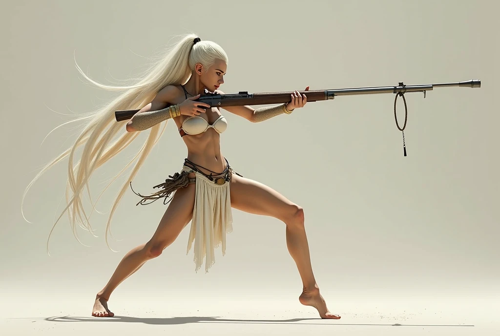 A waif gaussian loincloth and top holding a long thin long rifle, in a dynamic splits pose aiming at its prey, 8k,