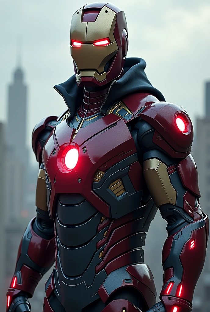 (photorealism:1.2), Full-length Ironman with open-face helmet and wearing a New England Patriots jacket with his ARC reactor illuminated in red