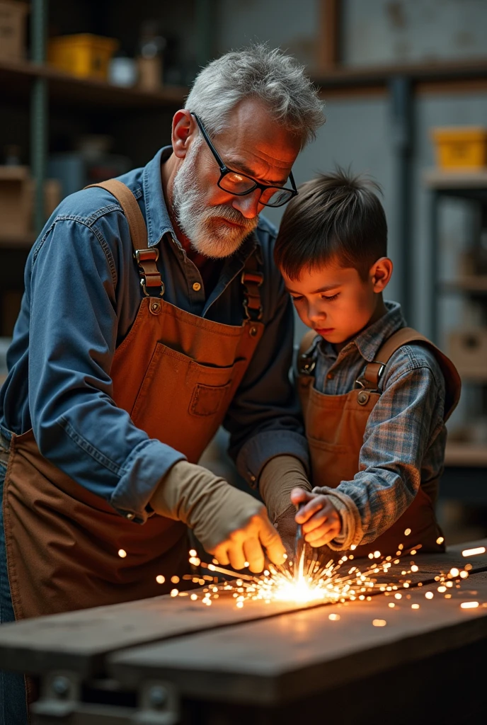 Make a photo of a welder training his son to learn welding