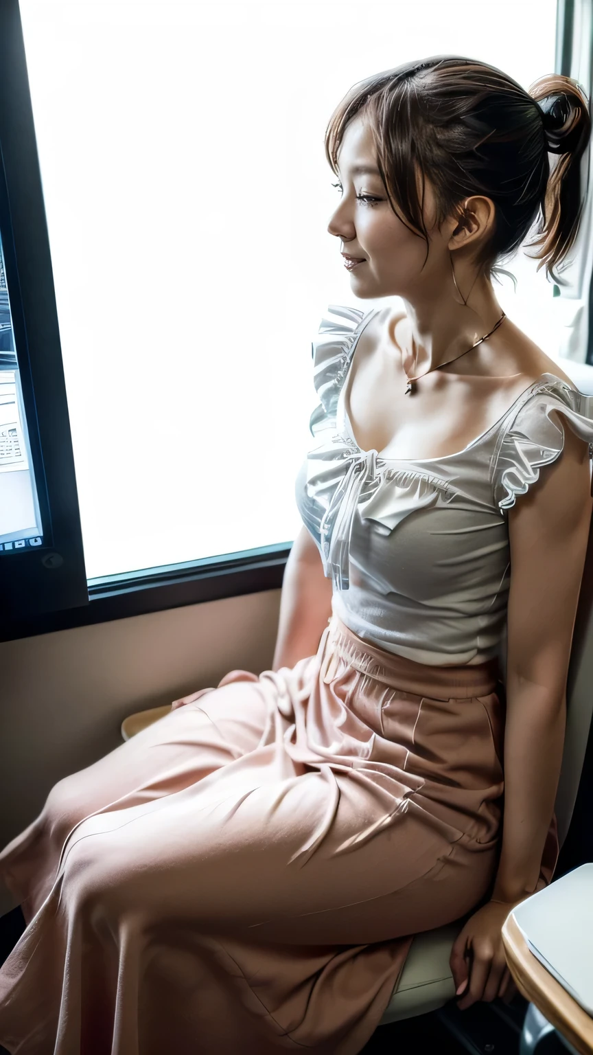(Woman sitting on chair in office:1.3、Working)、(Realistic、Like a photograph、Live Action、8k, Realistic, RAW Photos, Best image quality: 1.4), Single-lens reflex camera、RAW Photos, Highest quality, Realistic, Very detailed CG Unity 8k wallpaper, Written boundary depth, Cinematic Light, Lens flare, Ray Tracing, Realistic background、(Frilled blouse:1.2、(Tight long skirt:1.4)、((Wear a name tag around your neck)))、((Ultra-dense skin))、 Working Japanese Office Lady、((whole body:1.5),View the computer:1.1、smile、(Medium Hair、Short Ponytail:1.3)、I like that style、stylish、Very detailed、Pay attention to the details、Perfect outfit、(Sunburned skin)、Beautiful legs:1.1,Anatomically correct body、Accurate Fingers、Sitting、(Side view、View from the seat next to you)