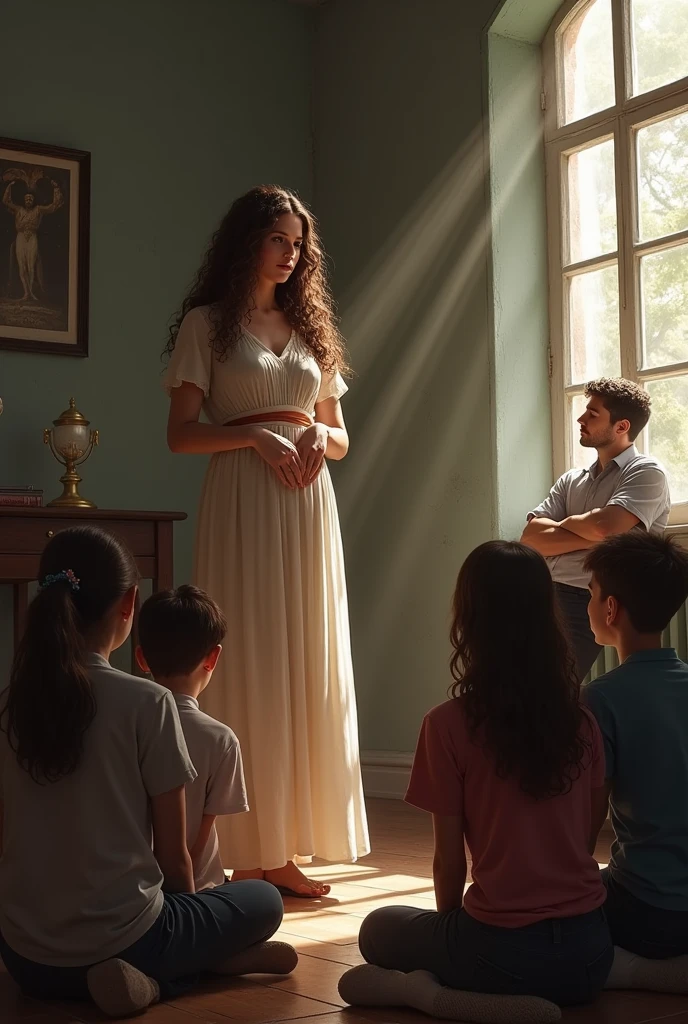 There were some young students sitting on the floor of a room, standing, facing them, they heard a brunette woman, already mature, with long curly hair, speak with authority and delicacy, this woman who stared at the young people while she spoke, wore a long dress, Near one of the windows, on the right side of the woman there was a man, leaning against one of the windows.
