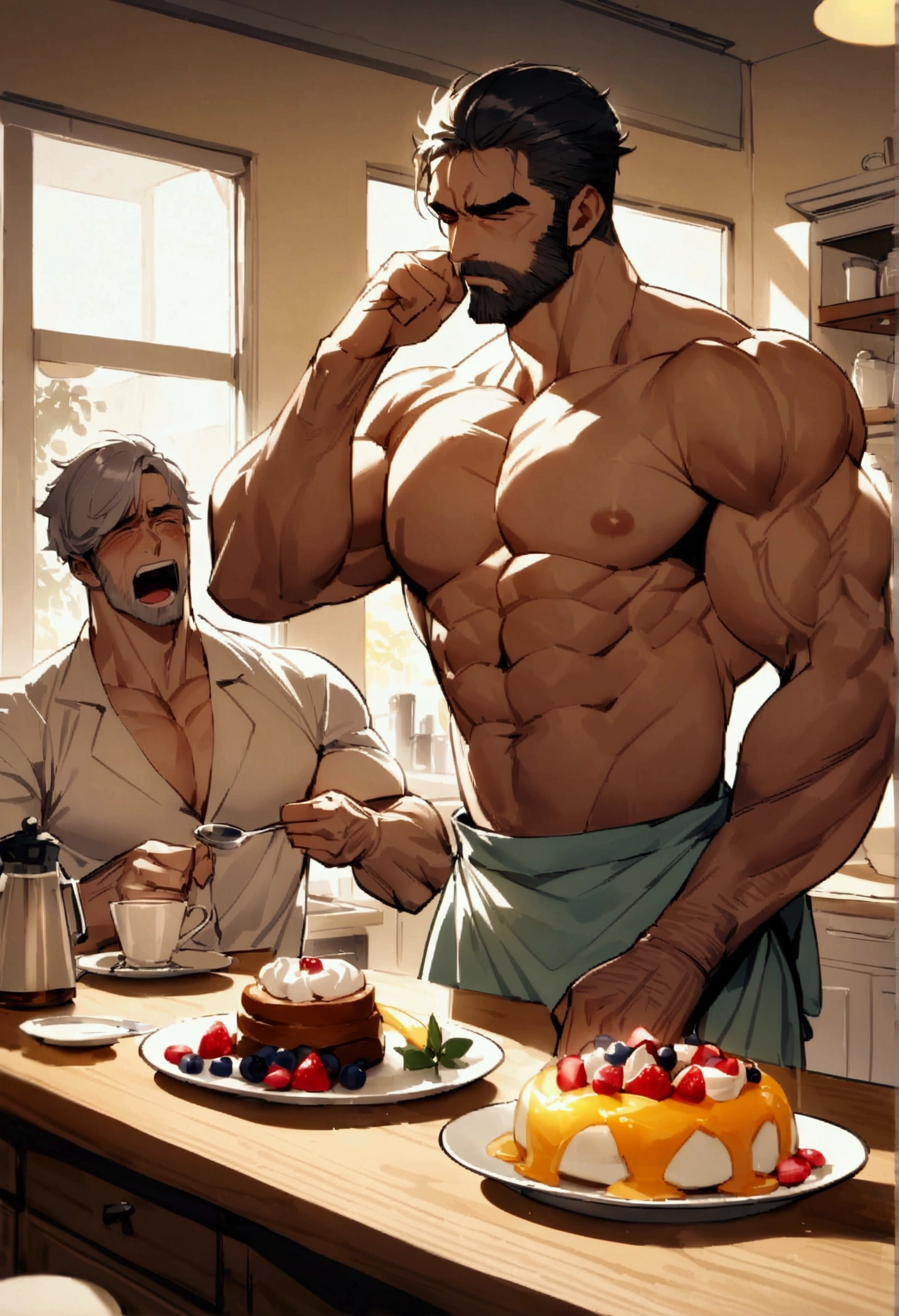 Highest quality、masterpiece、(Two manly men:1.5)、On the right is a muscular man with black hair and a naked apron making breakfast.、On the left is a gray-haired, muscular man in pajamas rubbing his eyes and yawning.、(short hair:1.2)、kitchen、Light of the sun、Breakfast and coffee on the table、Happy atmosphere、Gay