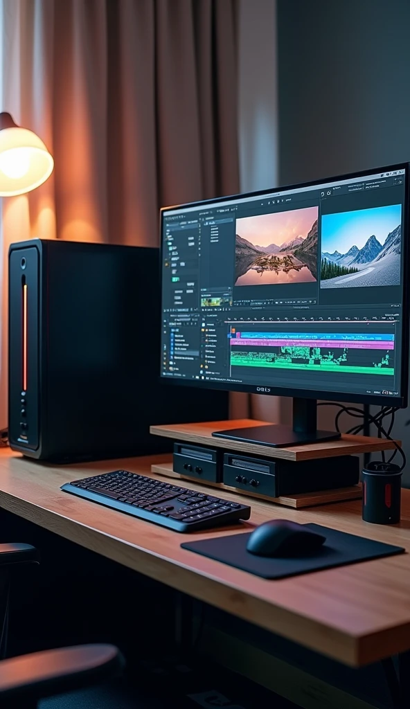 An organized desk featuring the Newton 20, with a computer screen displaying video editing software. Include other tools like a keyboard, mouse, and external hard drives to emphasize its role in a professional setup.