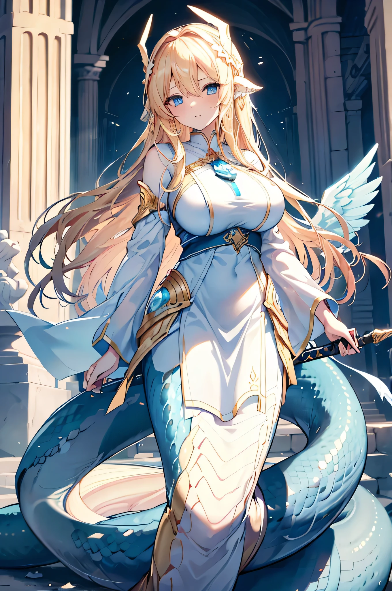 4K,High resolution,One Woman,lamia,Blonde,long hair,Blue Eyes,Big Breasts,goddess,White Holy Dress,Winged headgear,Jewelry decoration,Holy Sword,temple