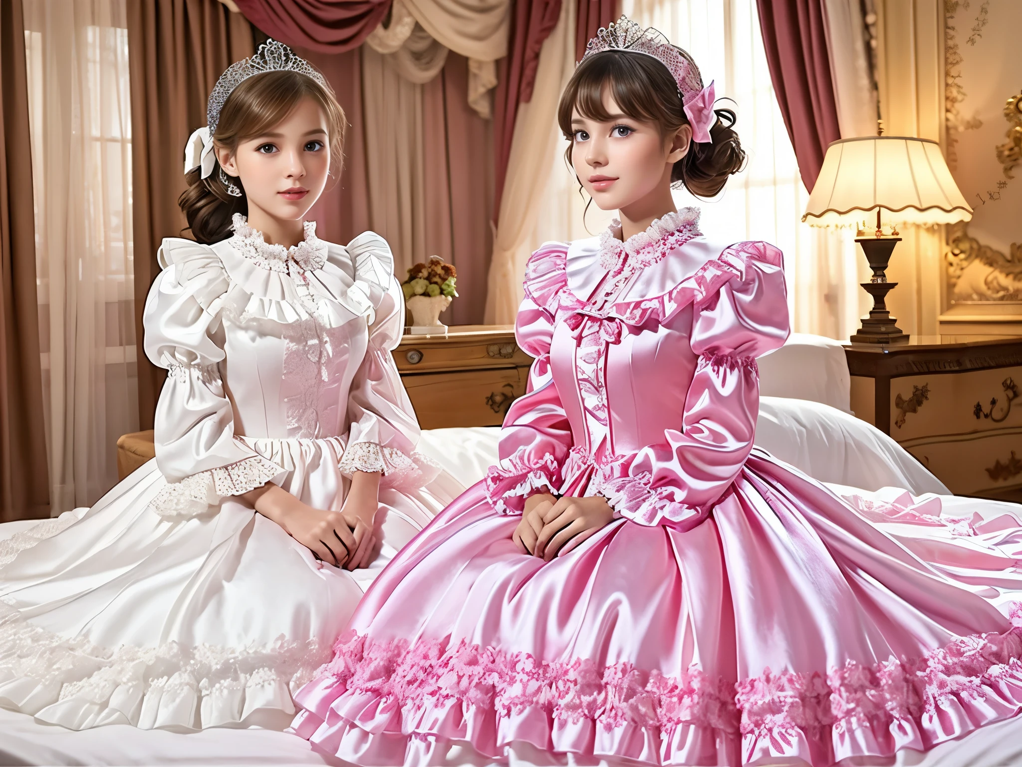 ,highest quality, masterpiece, highest resolution, artwork, super それにget used to it, many get used to it, get used to it, それにget used to it, 3k realistic pictures,,(()),Ultra-detailed juvenile face,three are princesses,full length ball gown dress with hoop skirt,ruffled yoke collar,puff sleeves,long sleeve,((Lolita style hot pink detailed princess satin dress with lots of ruffles and ribbons)),Rococo style lolita fashion,shiny satin dress,Soft and smooth fabric,luxury,long blonde hair,blue eyes,white skin european,Pajama,((in the bedroom)),luxury princess canopy frilled bed,super detailed bed,they are lying on the bed,High-quality background,