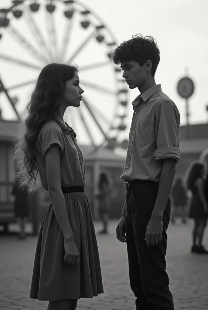 Old black and white image of a teenage girl and boy out at the amusement park, separated, talking, 21 and 2