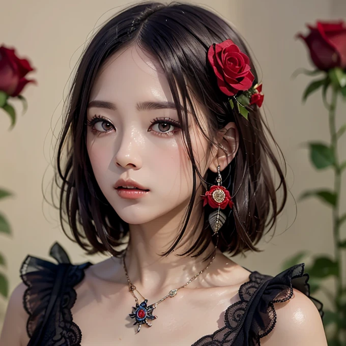 (Highest quality, masterpiece), (One person, alone, Black Dress, Are standing , View your viewers, Gray Hair, Red eyes, Holding roses, Mouth closed, Upper Body), (Red dream catcher behind, Red flower, )