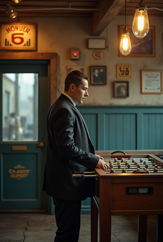 A rich kid walking into a village bar where there&#39;s a foosball table in the middle 