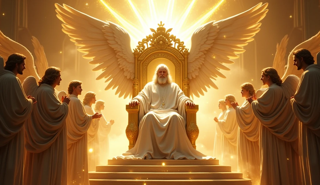 God with his hair as white as snow, God face is light, seated on his shimmery golden thrown. God has angel of Cherubim having 6wings, two wings to covering their feet, two wings to cover their face, and two to fly and Seraphim having 6 wings, and four faces, the face of a man, an eagle, an Bull and a Lion. They are around God's thrown. God is vast, 32K UHD, Style Raw, detailed, masterpiece, realistic, your golden sign written "king of kings , Lord of Lords " Its resplendent light capable of blinding any vision, God doesn't have wings.