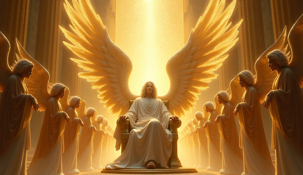 God with his hair as white as snow, God face is light, seated on his shimmery golden thrown. God has angel of Cherubim having 6wings, two wings to covering their feet, two wings to cover their face, and two to fly and Seraphim having 6 wings, and four faces, the face of a man, an eagle, an Bull and a Lion. They are around God's thrown. God is vast, 32K UHD, Style Raw, detailed, masterpiece, realistic, your golden sign written "king of kings , Lord of Lords " Its resplendent light capable of blinding any vision, God doesn't have wings.