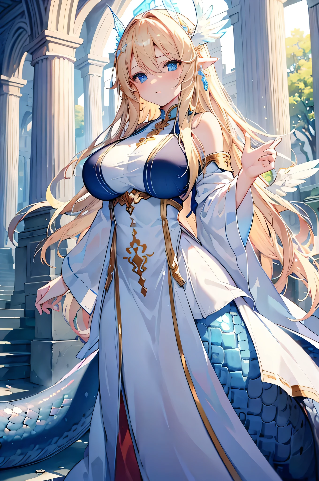 4K,High resolution,One Woman,lamia,Blonde,long hair,Blue Eyes,Big Breasts,goddess,White Holy Dress,Winged headgear,Jewelry decoration,Holy Sword,temple