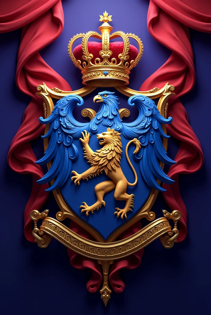 Make a coat of arms that conveys power, wealth, influence, that has the color of royalty, the eagle and lion and a crown have royal blue and a royal purple and crimson red