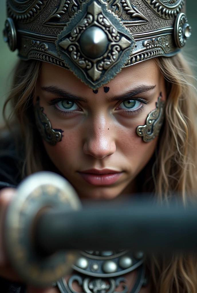 Close up viking warrior with sword in hand, young woman, sword next to the face, large head ornament , necklace on the neck, painted face, make-up