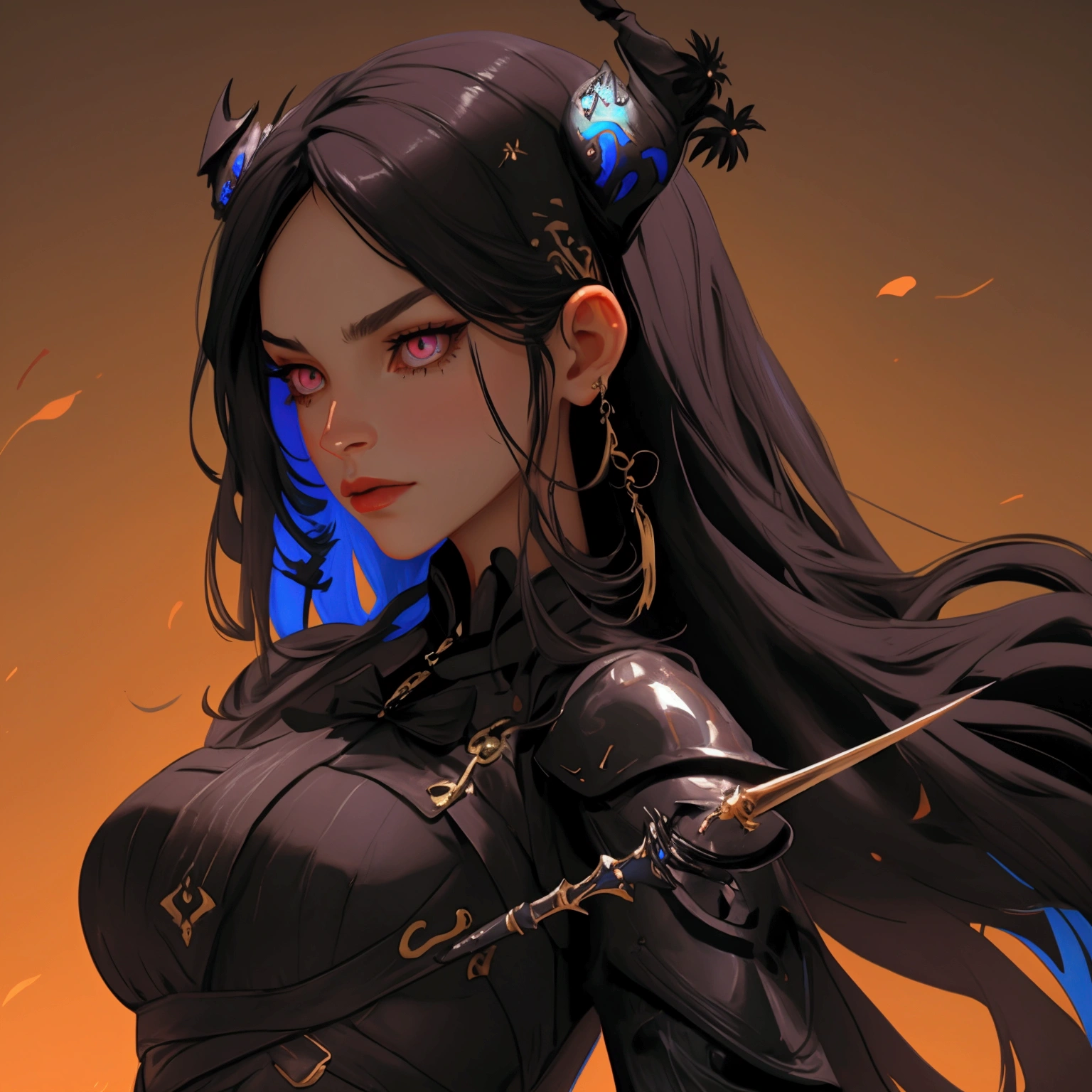 envision a 8k, highres, cinematic, close up beautiful portrait of a Tall woman named Nerissa Novella with long black hair, devil horns, Amber eyes, wearing a black sleek dress with magic attachments and armor plates wielding a tuning fork spear against a dark background