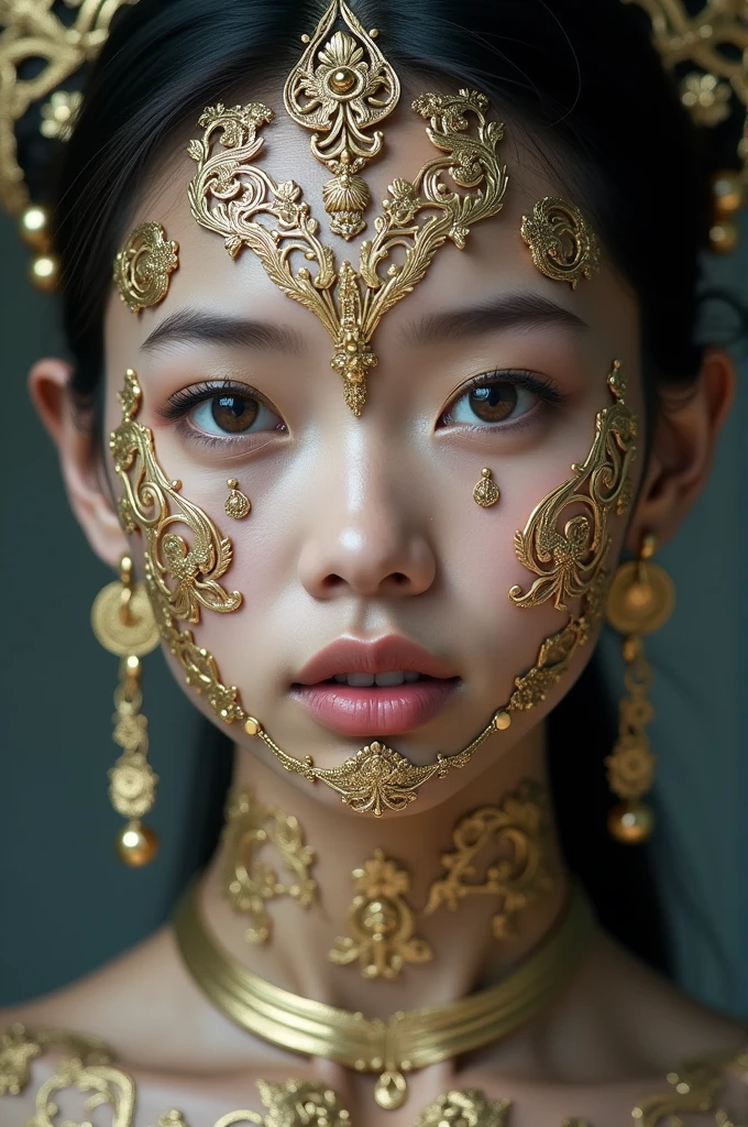 This image is a close-up of a Thai woman with intricate and detailed metal sculptures attached to her skin, showing that she is a piece of art.