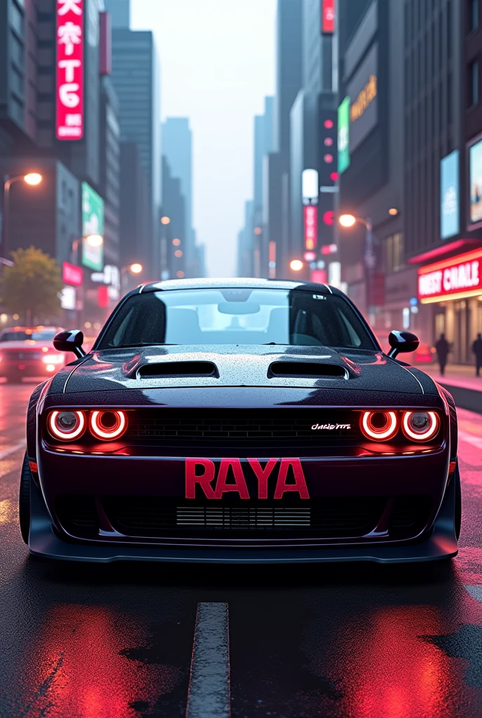 Create a picture of a dodge challangr srt hellcat with the name  Raya written on it