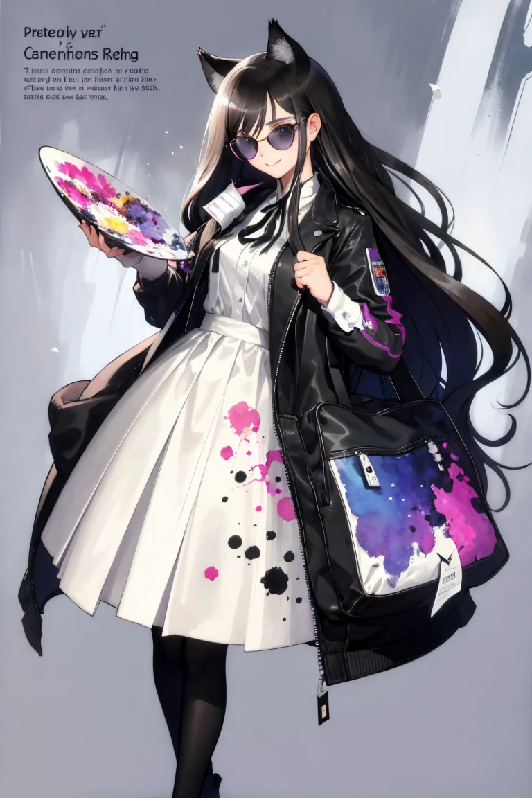full body, a cat woman, she has freckles, she has dark brown eyes, and an upturned nose, she is happy and smiling, she has long wavy hair, black hair, she is wearing aviator sunglasses with clear lenses in a soft watercolor style. The girl's clothes must be pink, purple, and blue in celebration of the bisexual, with stains of ink and watercolor mixing and filling the scene. There should be a subtle, nuanced change in colors using the impasto technique with gouache paint. There should be a light rain in the watercolor painting with a little watercolor paper texture and a pastel background.